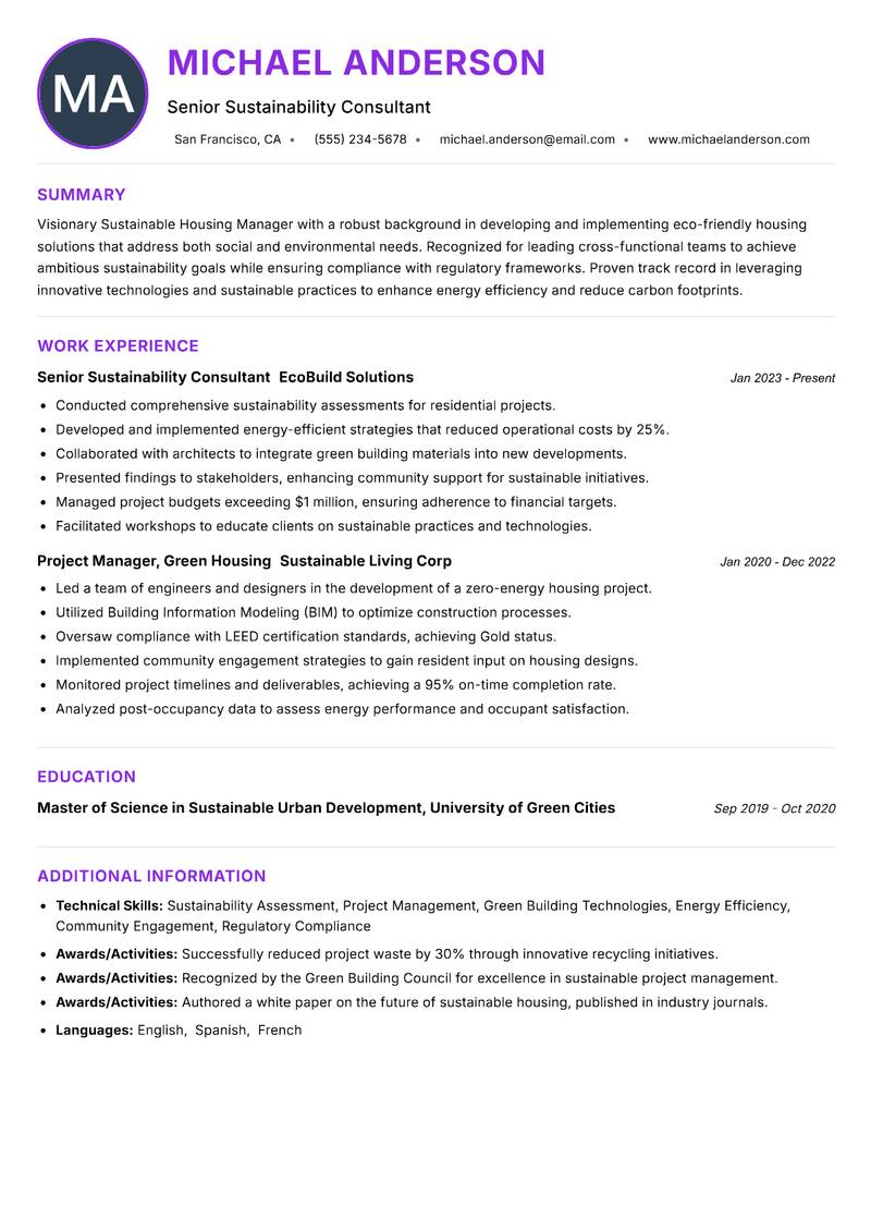 Sustainable Housing Manager resume example