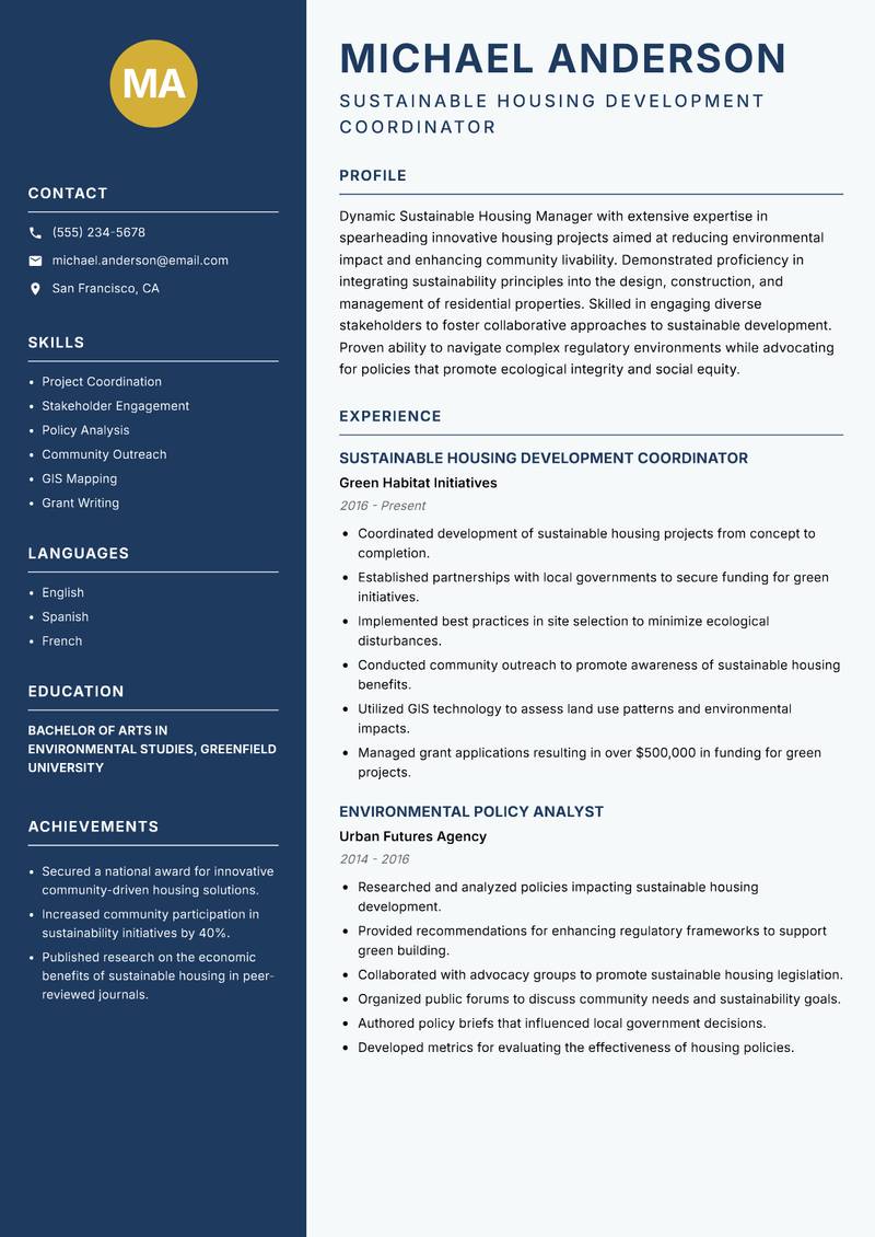 Sustainable Housing Manager resume sample — Sustainable Housing Development Coordinator focus