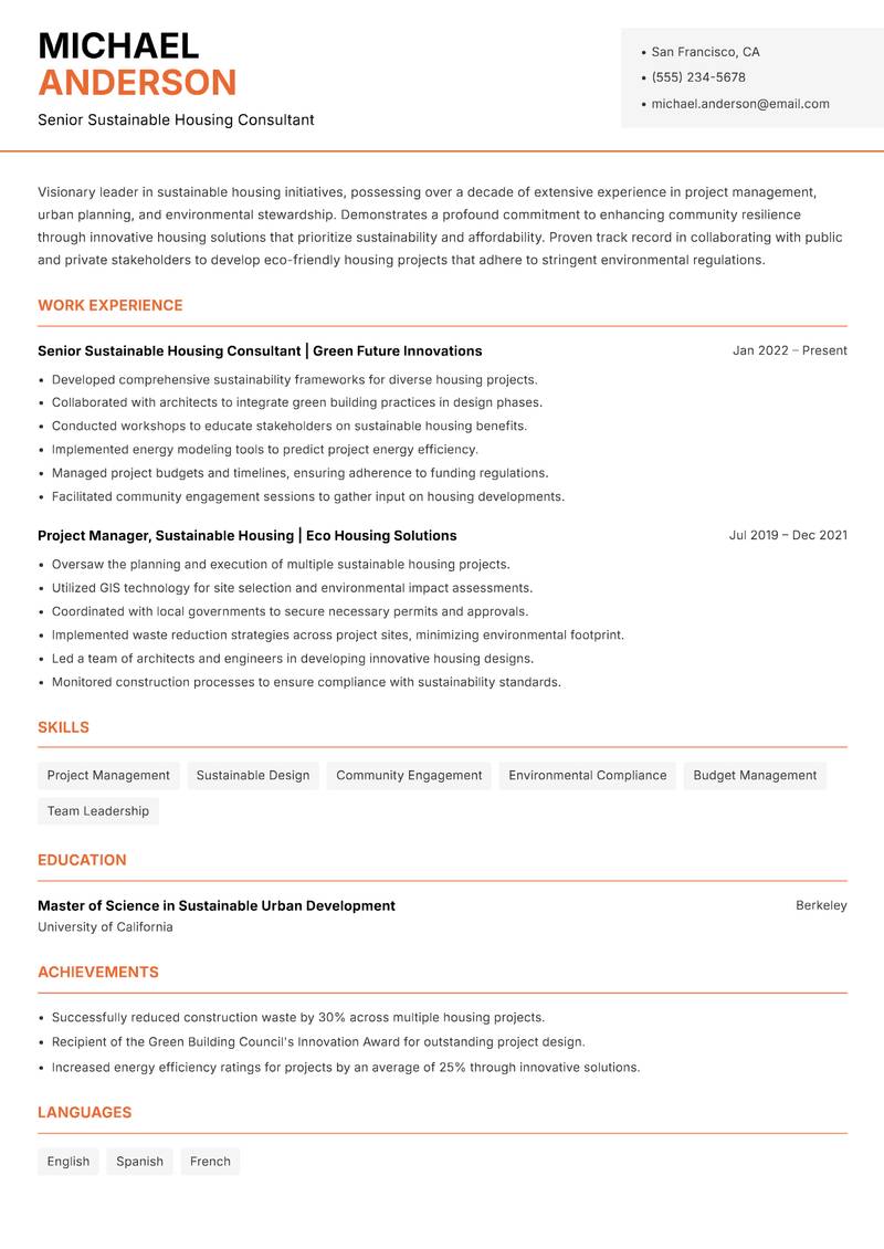 Sustainable Housing Manager resume sample — Senior Sustainable Housing Consultant focus