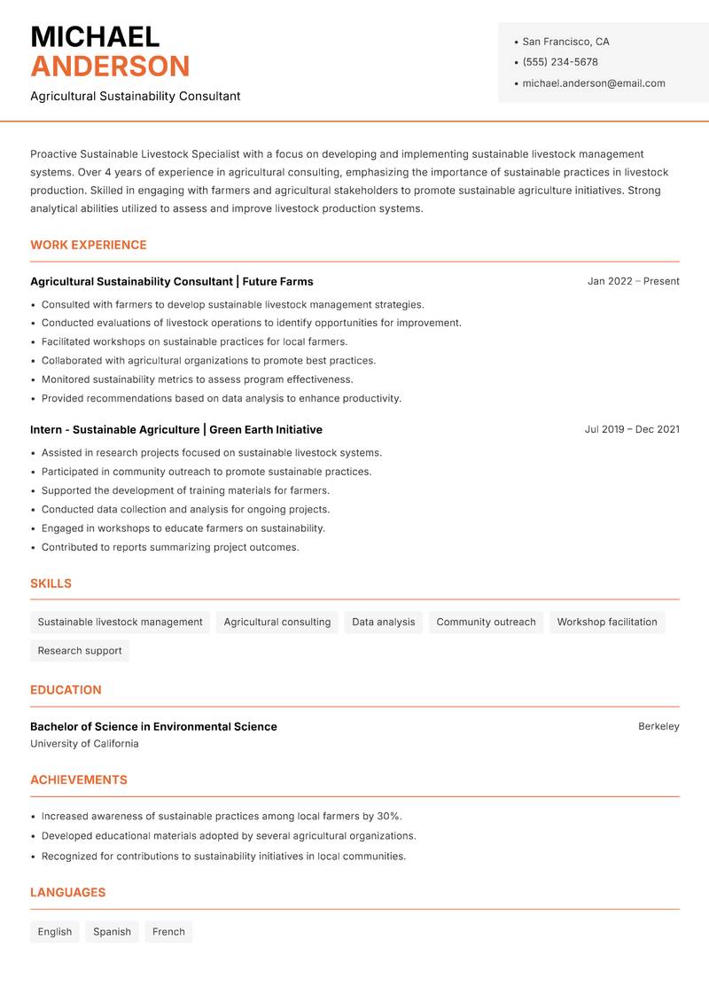 Sustainable Livestock Specialist resume sample — Agricultural Sustainability Consultant focus