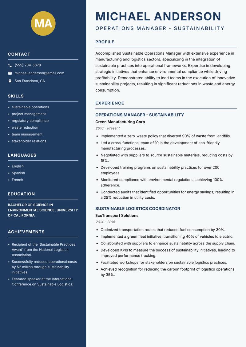 Sustainable Operations Manager resume sample — Operations Manager - Sustainability focus