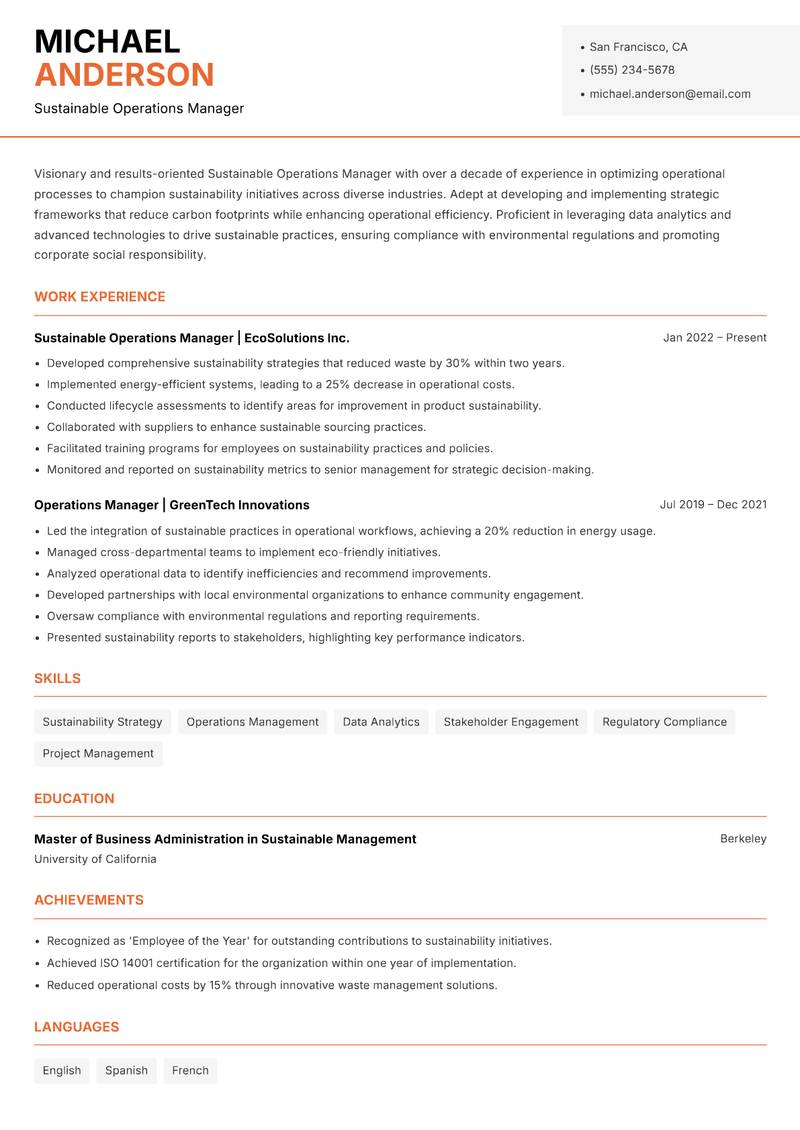 Sustainable Operations Manager resume sample — Sustainable Operations Manager focus