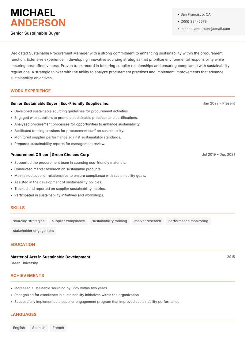 Sustainable Procurement Manager resume sample — Senior Sustainable Buyer focus