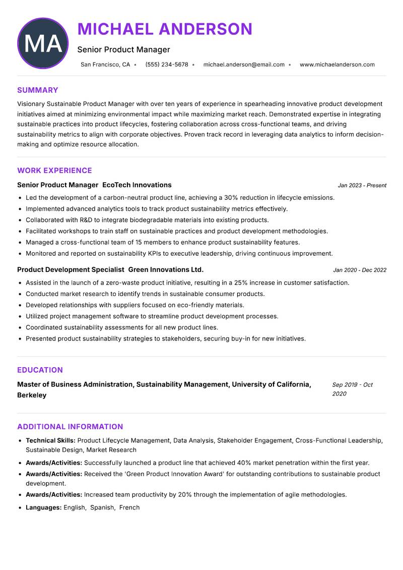 Sustainable Product Manager resume example