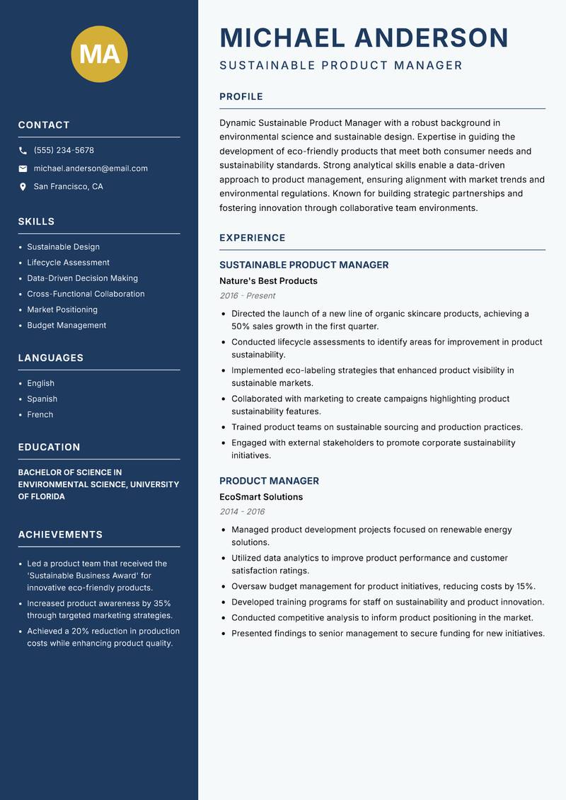 Sustainable Product Manager resume sample — Sustainable Product Manager focus