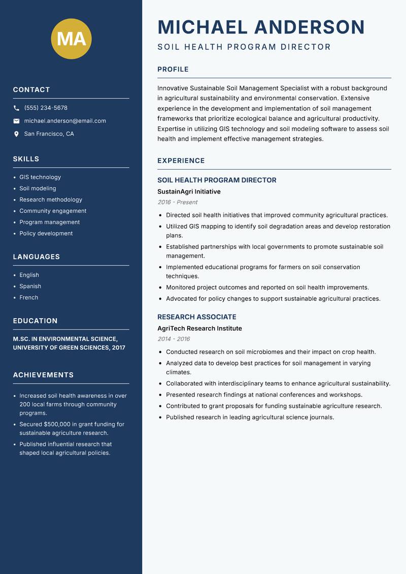 Sustainable Soil Management Specialist resume sample — Soil Health Program Director focus