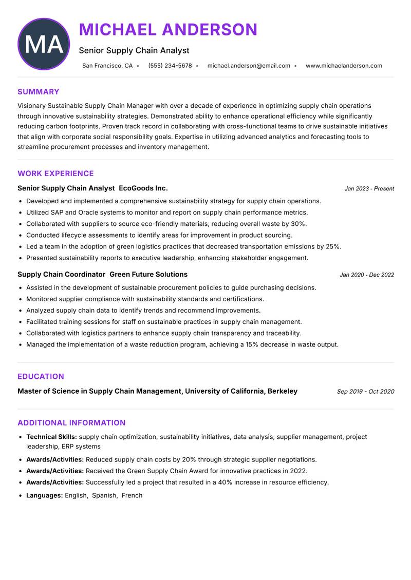 Sustainable Supply Chain Manager resume example