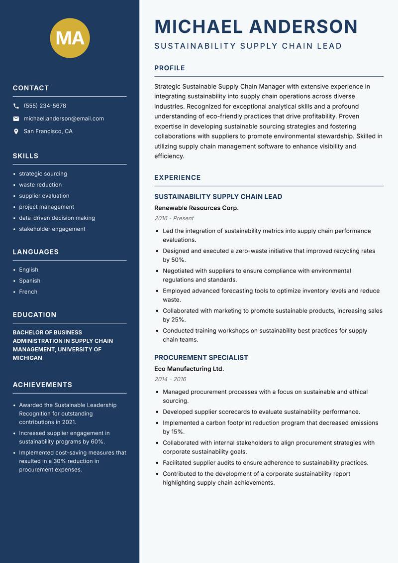 Sustainable Supply Chain Manager resume sample — Sustainability Supply Chain Lead focus