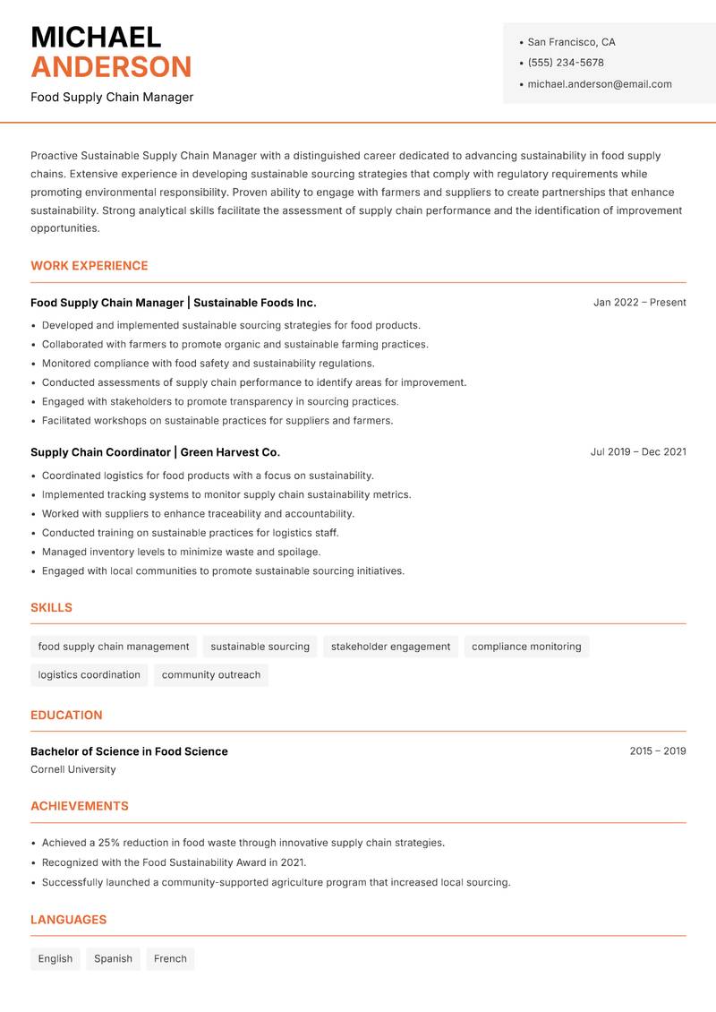 Sustainable Supply Chain Manager resume sample — Food Supply Chain Manager focus