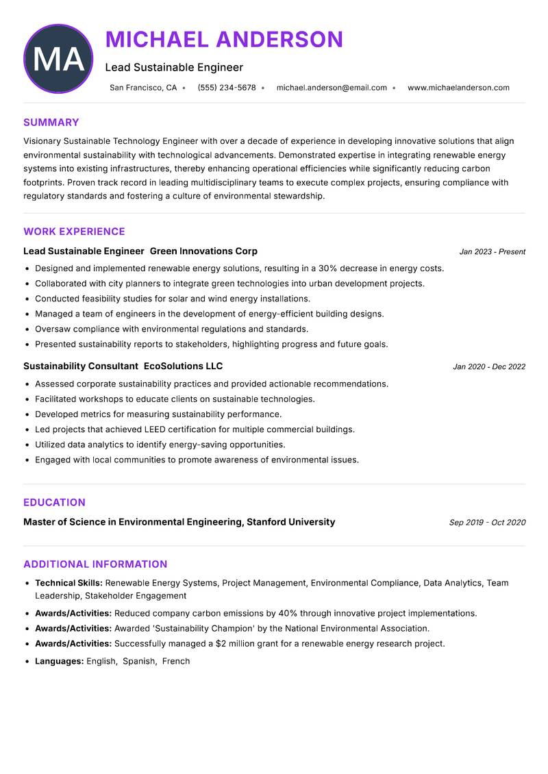 Sustainable Technology Engineer resume example