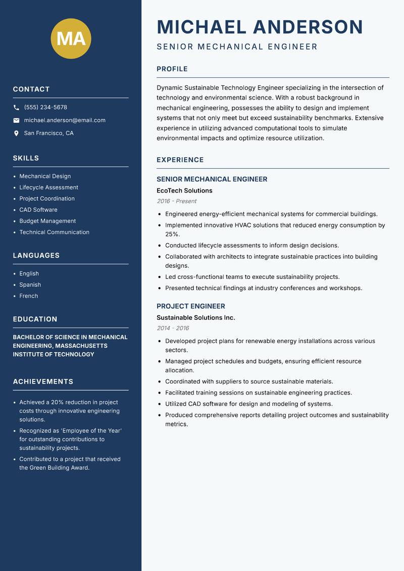 Sustainable Technology Engineer resume sample — Senior Mechanical Engineer focus