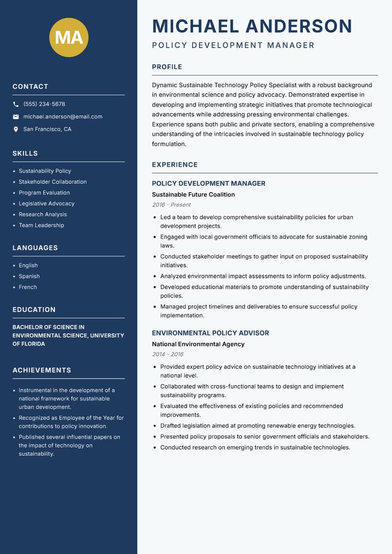Sustainable Technology Policy Specialist resume sample — Policy Development Manager focus