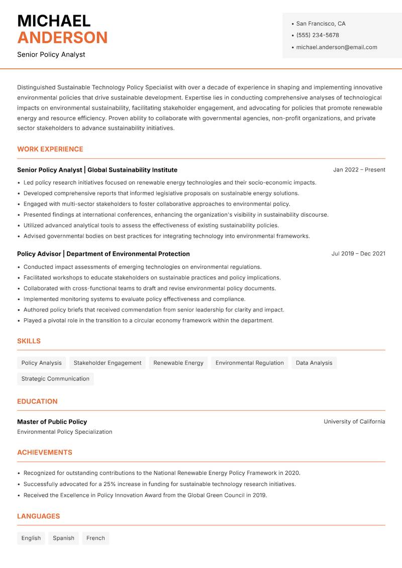 Sustainable Technology Policy Specialist resume sample — Senior Policy Analyst focus