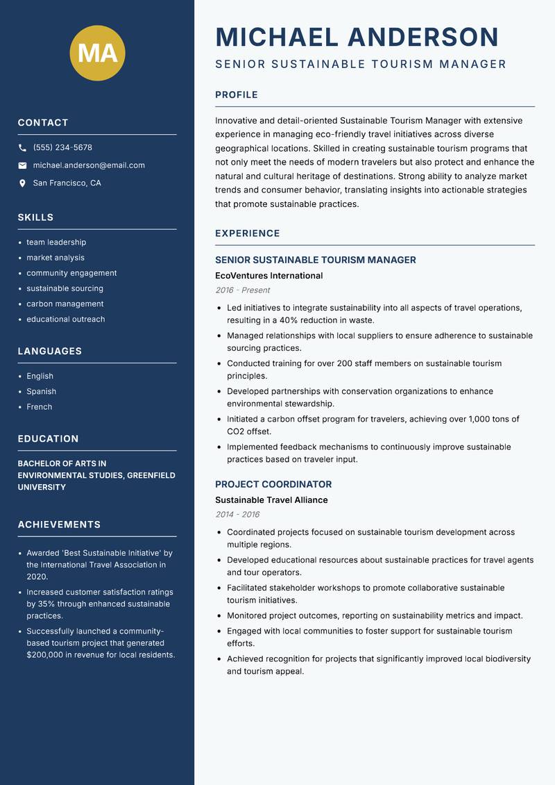Sustainable Tourism Manager resume sample — Senior Sustainable Tourism Manager focus