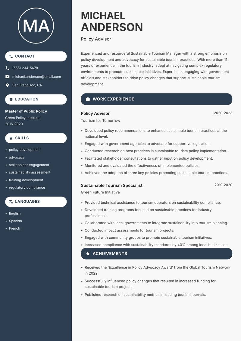 Sustainable Tourism Manager resume sample — Policy Advisor focus