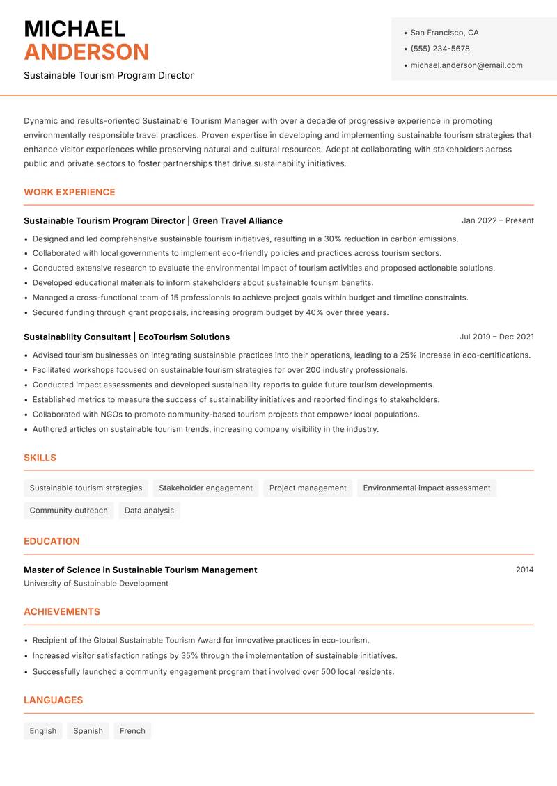 Sustainable Tourism Manager resume sample — Sustainable Tourism Program Director focus