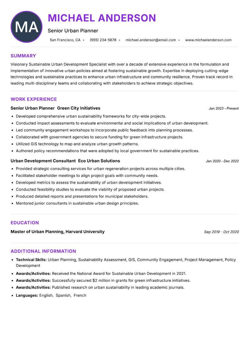 Sustainable Urban Development Specialist resume example
