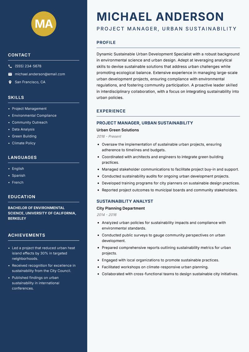 Sustainable Urban Development Specialist resume sample — Project Manager, Urban Sustainability focus