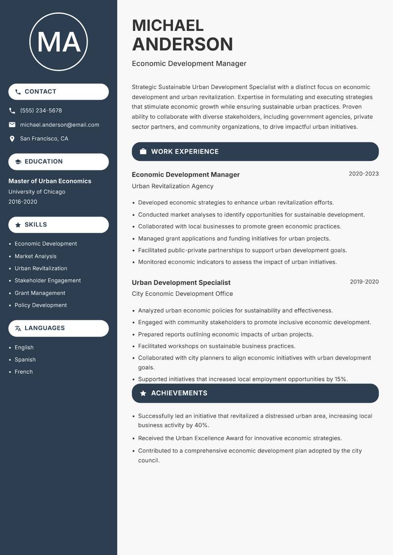 Sustainable Urban Development Specialist resume sample — Economic Development Manager focus