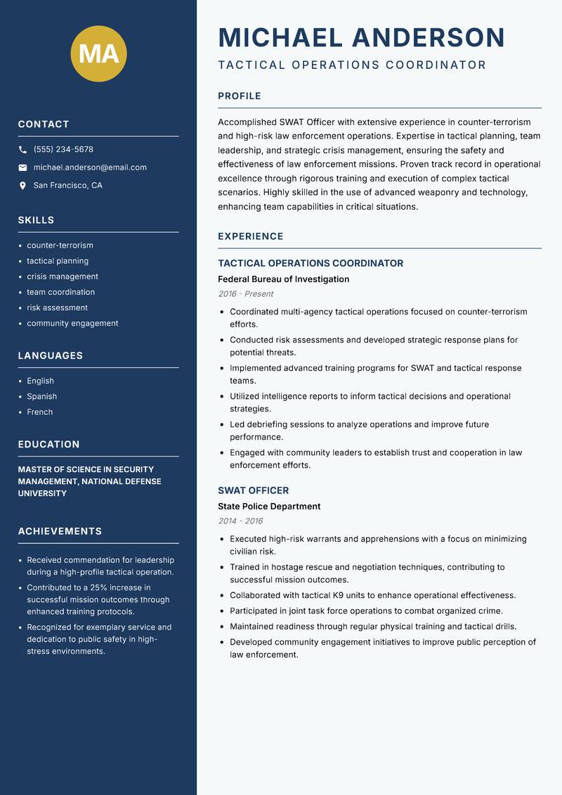 SWAT Officer resume sample — Tactical Operations Coordinator focus
