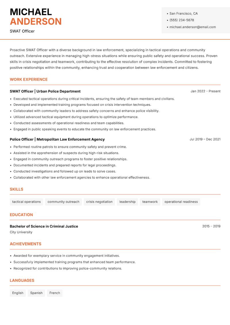 SWAT Officer resume sample — SWAT Officer focus