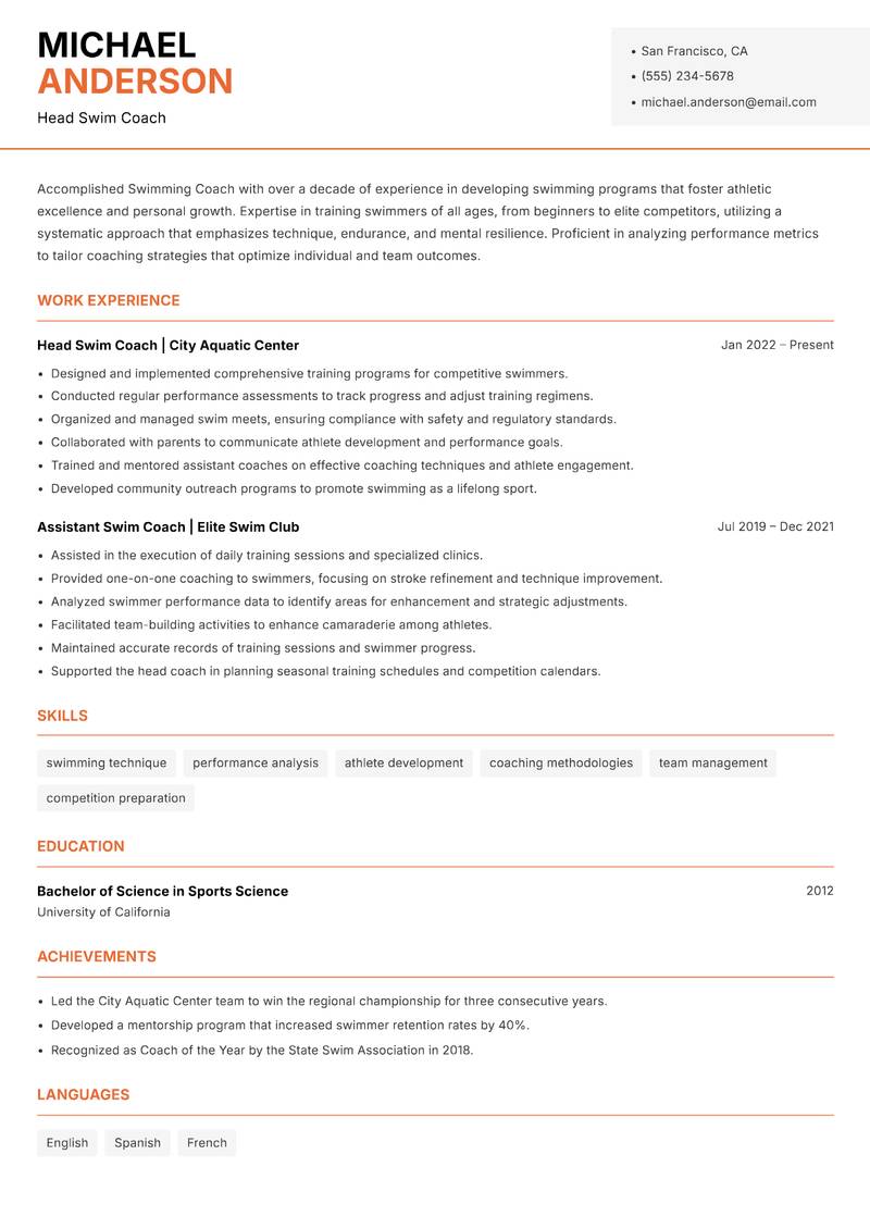 Swimming Coach resume sample — Head Swim Coach focus