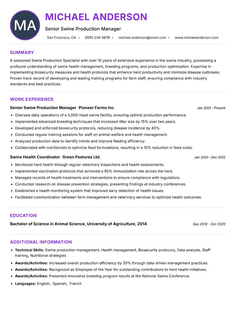 Swine Production Specialist resume example