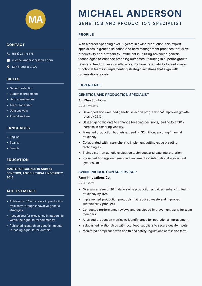 Swine Production Specialist resume sample — Genetics and Production Specialist focus