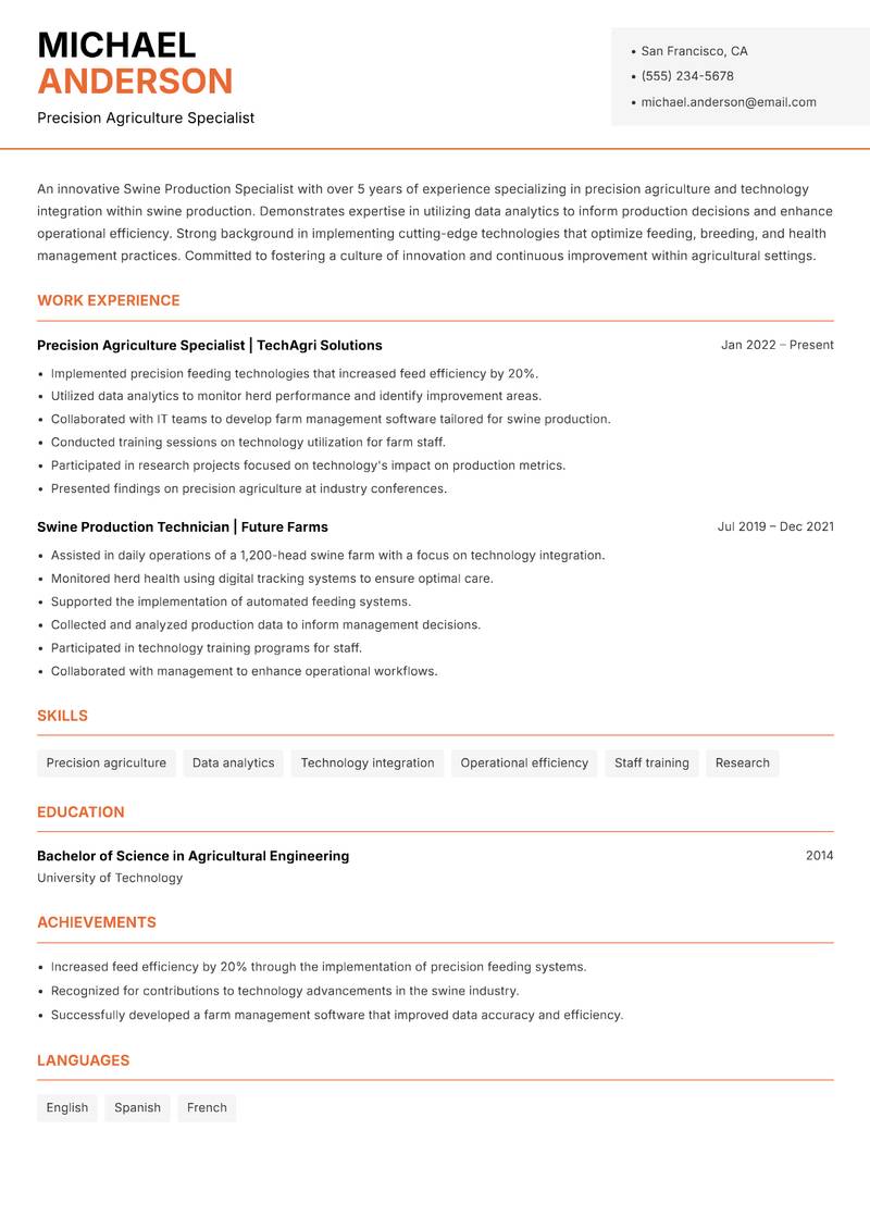Swine Production Specialist resume sample — Precision Agriculture Specialist focus