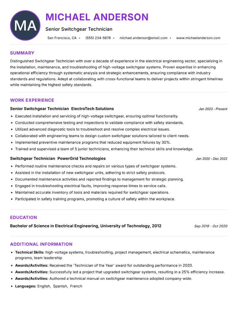 Switchgear Technician resume example