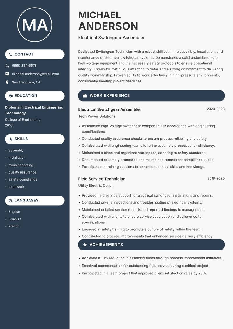 Switchgear Technician resume sample — Electrical Switchgear Assembler focus