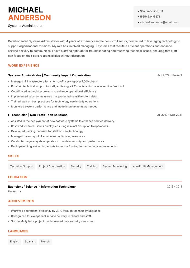 Systems Administrator resume sample — Systems Administrator focus
