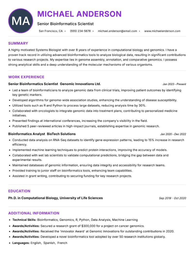 Systems Biologist resume example