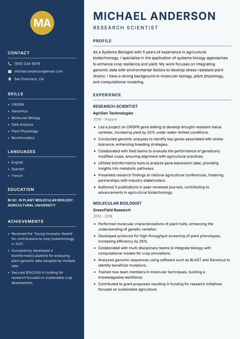 Systems Biologist resume sample — Research Scientist focus