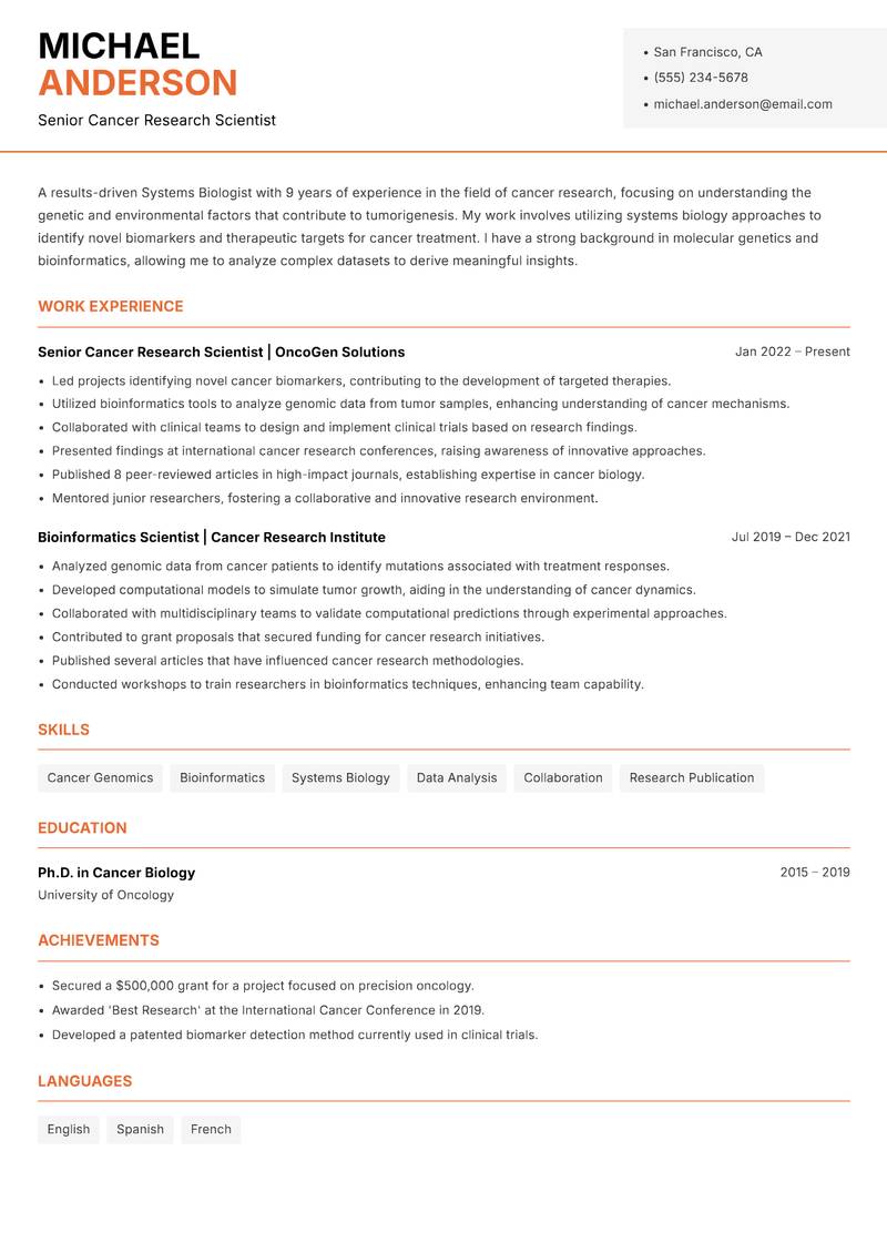 Systems Biologist resume sample — Senior Cancer Research Scientist focus