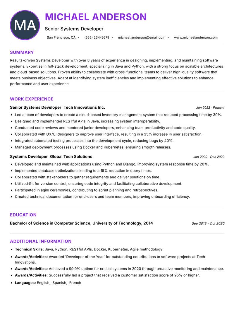 Systems Developer resume example