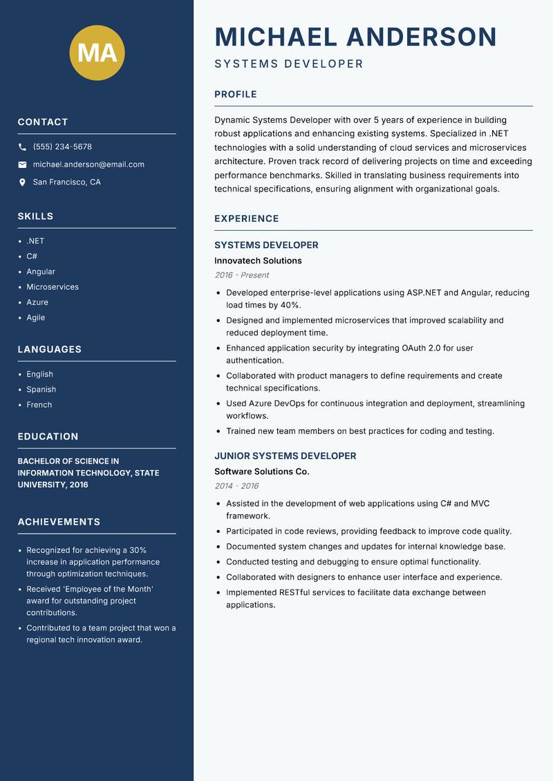Systems Developer resume sample — Systems Developer focus