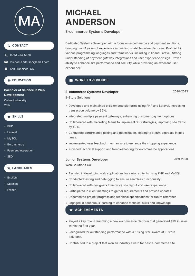 Systems Developer resume sample — E-commerce Systems Developer focus