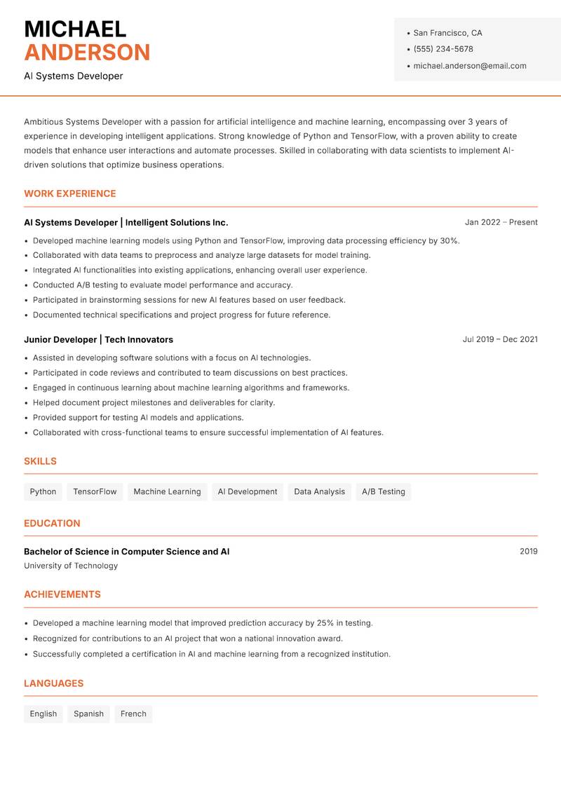 Systems Developer resume sample — AI Systems Developer focus