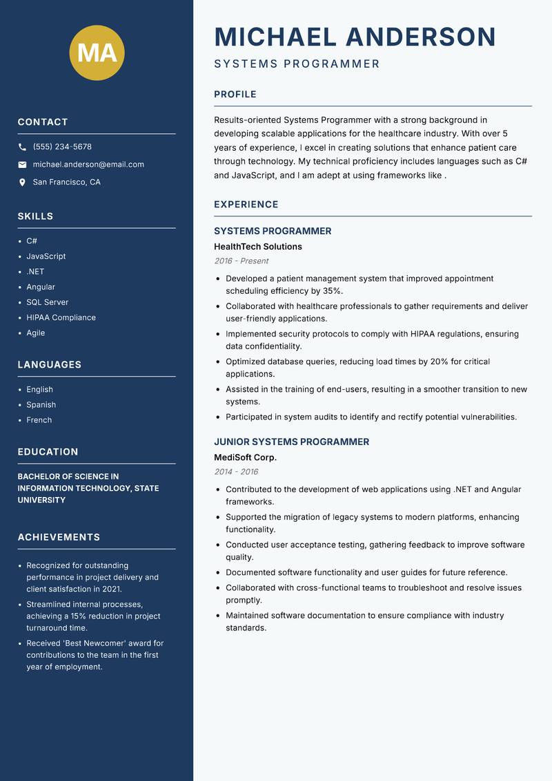Systems Programmer resume sample — Systems Programmer focus