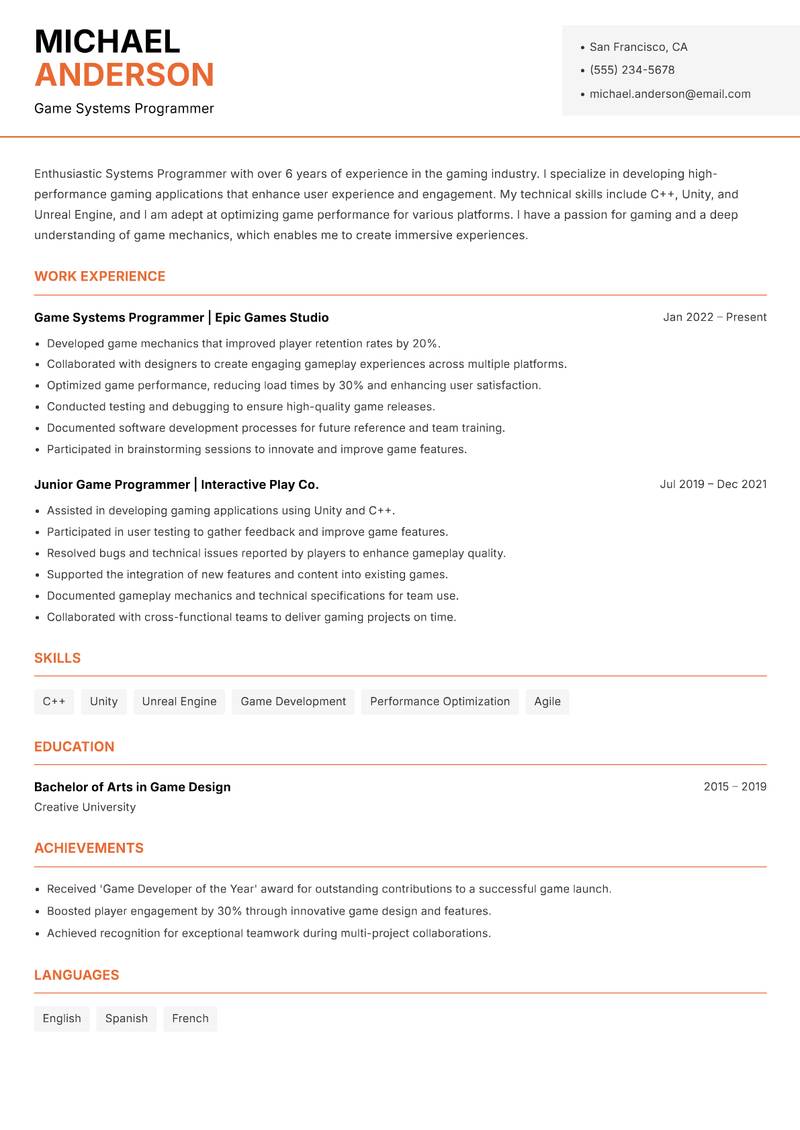 Systems Programmer resume sample — Game Systems Programmer focus