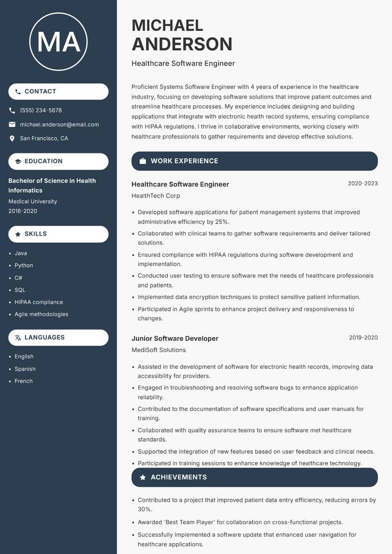 Systems Software Engineer resume sample — Healthcare Software Engineer focus