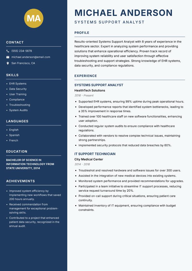 Systems Support Analyst resume sample — Systems Support Analyst focus