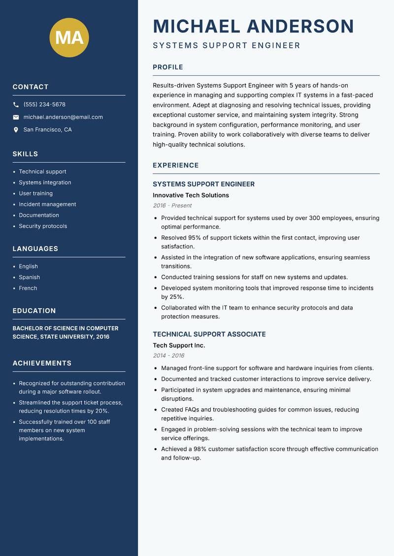 Systems Support Engineer resume sample — Systems Support Engineer focus