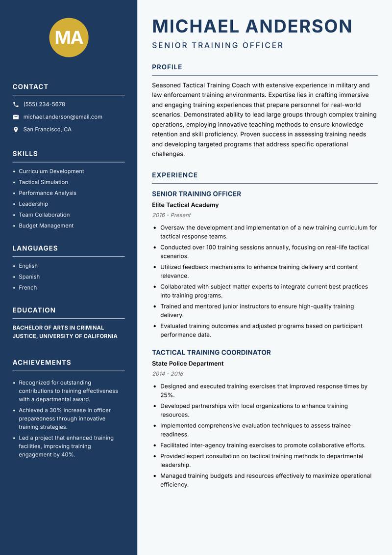 Tactical Training Coach resume sample — Senior Training Officer focus