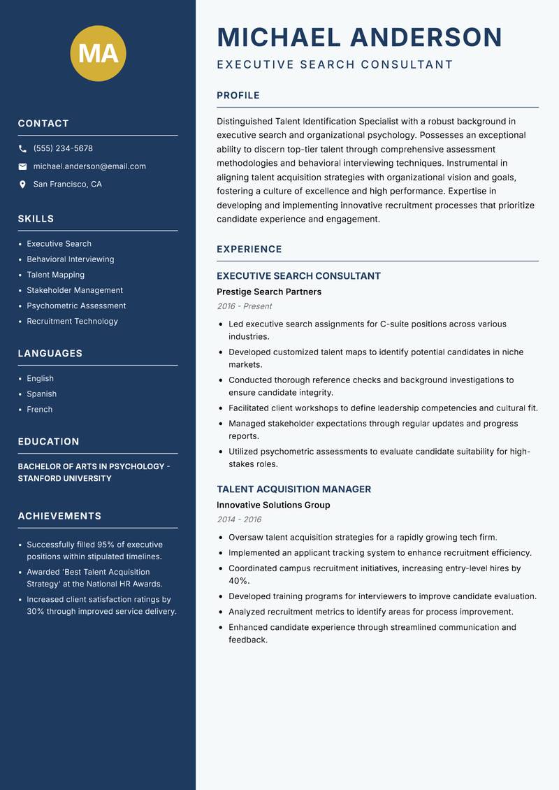 Talent Identification Specialist resume sample — Executive Search Consultant focus
