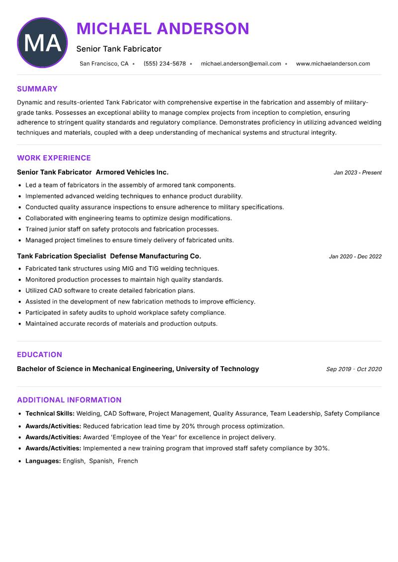 Tank Fabricator resume example
