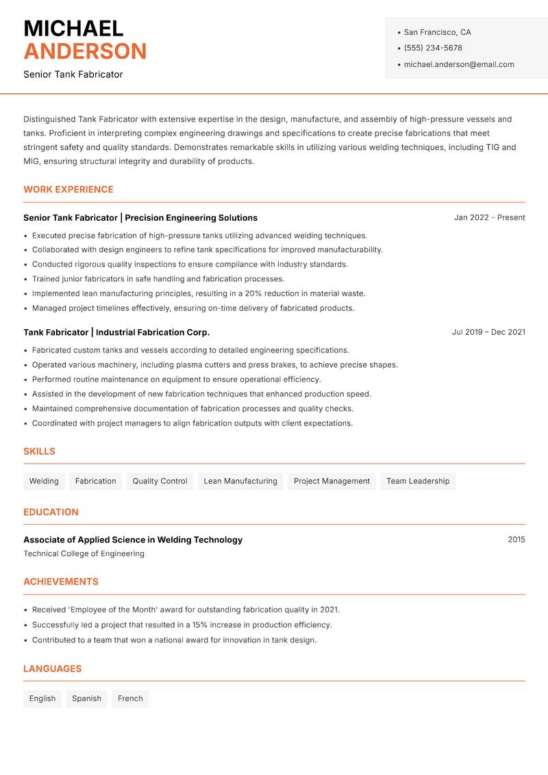 Tank Fabricator resume sample — Senior Tank Fabricator focus