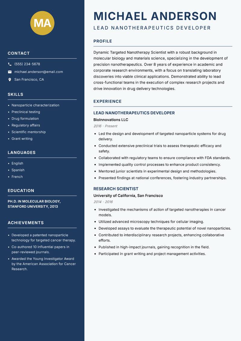 Targeted Nanotherapy Scientist resume sample — Lead Nanotherapeutics Developer focus
