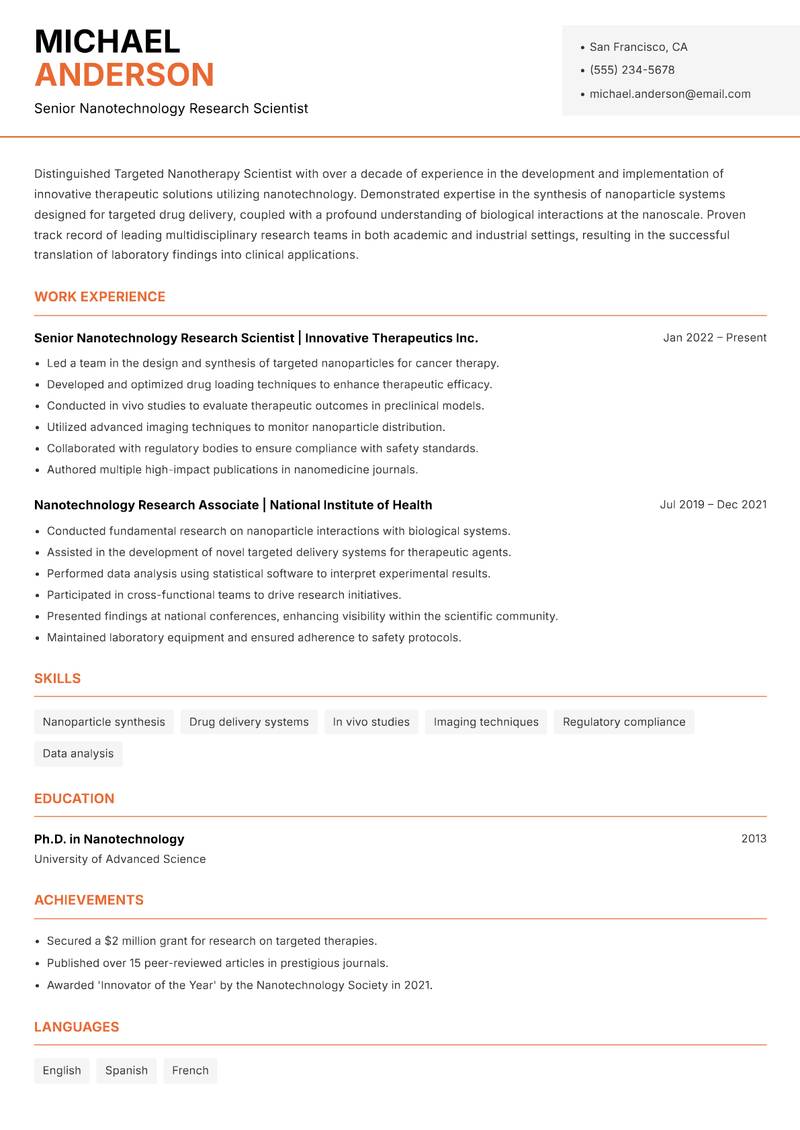 Targeted Nanotherapy Scientist resume sample — Senior Nanotechnology Research Scientist focus